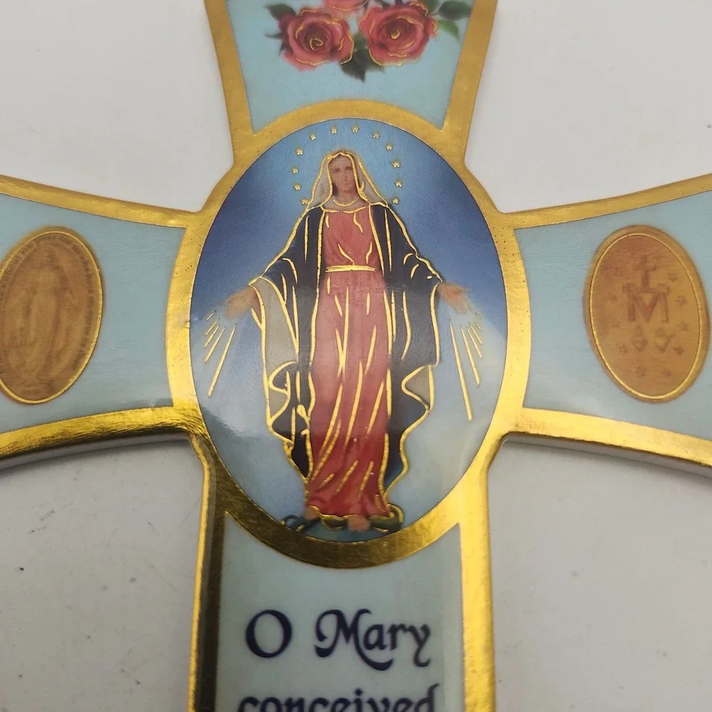 Our Lady Miraculous Medal Catholic Virgin Mary Roses Prayer Wall Cross Decor